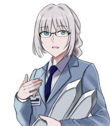 Rule 34 | alternate costume, alternate hairstyle, an-94 (antje) (girls&#039; frontline), an-94 (girls&#039; frontline), aqua eyes, braid, braided ponytail, cyka, formal, girls&#039; frontline, glasses, looking at viewer, meme, name tag, necktie, open mouth, silver hair, solo