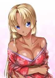 Rule 34 | 1girl, angela carat, blonde hair, blue eyes, blush, breasts, c:, cleavage, closed mouth, collarbone, crossed arms, dark-skinned female, dark skin, female focus, gradient background, japanese clothes, kimono, large breasts, long hair, looking at viewer, neck, off shoulder, ozaneko, pussy juice, red kimono, shiny skin, smile, solo, upper body, yu-gi-oh!, yu-gi-oh! tag force