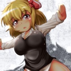 Rule 34 | 1girl, ascot, bad hands, blonde hair, blush, bottomless, bow, breasts, embodiment of scarlet devil, female focus, hair bow, hair ribbon, large breasts, open mouth, outstretched arms, red eyes, ribbon, rumia, solo, spread arms, touhou, yoriyuki chiyo