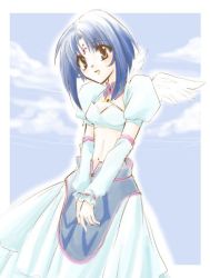 Rule 34 | .hack//, .hack//sign, 00s, 1girl, arm warmers, bandai, blue hair, brown eyes, cowboy shot, cyber connect 2, detached collar, dress, facial mark, forehead mark, hack, looking at viewer, midriff, puffy sleeves, short hair, smile, solo, subaru (.hack//), v arms, white dress, white wings, wings