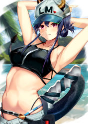 Rule 34 | 1girl, absurdres, alternate hairstyle, aratake, arknights, armpits, arms up, bare arms, bare shoulders, baseball cap, bikini, black bikini, blue hair, blue sky, breasts, ch&#039;en (arknights), ch'en (arknights), commentary request, day, dragon horns, dragon tail, female tourist c (arknights), folded ponytail, hair between eyes, hat, heart, highleg, highleg bikini, highres, horns, horns through headwear, long hair, looking at viewer, medium breasts, navel, ocean, official alternate costume, outdoors, pink eyes, pouch, sidelocks, sky, solo, stomach, swimsuit, tail, upper body, water