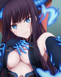 Rule 34 | 1girl, @ @, bare shoulders, black dress, black gloves, black headwear, blue eyes, blue fire, blush, breasts, center opening, cleavage, closed mouth, covered erect nipples, dress, elbow gloves, fate/grand order, fate (series), fire, fish, gloves, hand on own chest, hasebe akira, large breasts, long hair, looking at viewer, outstretched arm, purple hair, ringed eyes, selfie, smile, sweatdrop, very long hair, yang guifei (fate), yang guifei (third ascension) (fate)