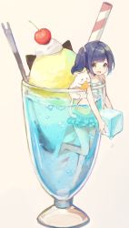 Rule 34 | 1girl, bare arms, bare shoulders, bikini, blue hair, cat, cherry, commentary request, cream, food, frilled bikini, frills, fruit, glass, green eyes, highres, ice block, looking at viewer, original, partially submerged, sencha (senta 10), side ponytail, simple background, swimsuit, water, white background