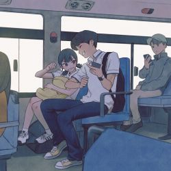 Rule 34 | 1girl, 2boys, absurdres, angry, backpack, bag, bus, bus interior, cellphone, clenched hand, closed eyes, collared shirt, ddini, grin, hat, highres, looking at another, motor vehicle, multiple boys, original, phone, shirt, shoes, sitting, smile, sneakers, split ponytail