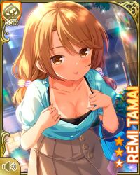 Rule 34 | 1girl, :p, breasts, brown eyes, brown hair, brown skirt, card (medium), city, cleavage, closed mouth, day, girlfriend (kari), green shirt, looking at viewer, low twintails, medium breasts, official art, outdoors, qp:flapper, shirt, skirt, smile, solo, standing, sunburn, tagme, tamai remi, tongue, tongue out, twintails