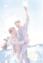 Rule 34 | 2boys, ace of diamond, blue vest, blush, bouquet, brown eyes, brown hair, carrying, carrying person, chan aet, couple, cup, cupping glass, dark green hair, day, drinking glass, closed eyes, falling petals, flower, formal, glasses, hand up, highres, holding, holding bouquet, holding cup, husband and husband, jacket, kuramochi youichi, light rays, looking at another, male focus, miyuki kazuya, multiple boys, necktie, open clothes, open jacket, open mouth, outdoors, pants, petals, short hair, sideburns, smile, suit, vest, wedding, white jacket, white pants, white suit, wine glass, yaoi, yellow vest