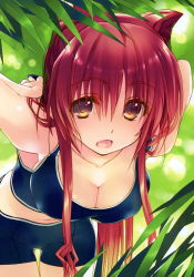Rule 34 | 1girl, :o, absurdres, amazuyu tatsuki, bare shoulders, breasts, brown eyes, cleavage, collarbone, covered erect nipples, day, highres, kousaka tamaki, large breasts, looking at viewer, midriff, navel, official art, outdoors, red hair, scan, shiny skin, shorts, sidelocks, sleeveless, solo, tank top, to heart (series), to heart 2