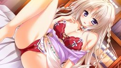 Rule 34 | 1girl, aoi suu, barefoot, belly chain, blue eyes, blush, book, bookshelf, bow, bow bra, bow panties, bra, braid, breasts, cameltoe, choker, clothes lift, clothes pull, cross, dutch angle, floral flowlove, game cg, indoors, jewelry, large breasts, leg up, lingerie, long hair, looking at viewer, matsumiya kiseri, open mouth, panties, presenting, pussy juice stain, red bra, red panties, shirt pull, sitting, skirt, skirt lift, smile, solo, strapless, strapless bra, twin braids, underwear, very long hair, white hair, white skirt