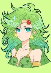 Rule 34 | 1girl, aged up, breasts, cape, closed mouth, collarbone, detached sleeves, earrings, final fantasy, final fantasy iv, green eyes, green hair, hair ornament, jewelry, long hair, looking at viewer, rydia (ff4), sa kichi, simple background, small breasts, solo, star (symbol), star earrings