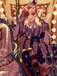 Rule 34 | 1girl, alternate costume, alternate hairstyle, american flag dress, american flag legwear, blonde hair, carousel, clownpiece, fairy wings, konoha217, red eyes, sitting, smile, solo, star (symbol), star print, striped clothes, striped thighhighs, thighhighs, touhou, wings