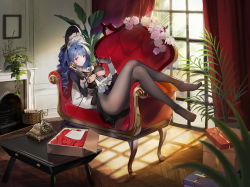 Rule 34 | 1girl, absurdres, antique phone, azur lane, blue hair, bodystocking, box, breasts, chimney, closed mouth, commentary request, corded phone, couch, curtains, day, dress, feet, flower, flower pot, full body, gift, gift box, gloves, hair ornament, highres, indoors, legs, lips, long hair, long sleeves, looking at viewer, marco polo (azur lane), marco polo (the queen of hearts) (azur lane), medium breasts, official alternate costume, pantyhose, phone, plant, red eyes, rotary phone, shadow, shaobao (sdhx3728), simple background, sitting, smile, solo, table, tattoo, underboob, window