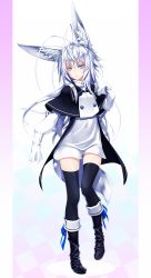 Rule 34 | 1girl, animal ears, antenna hair, black footwear, black thighhighs, blue eyes, boots, capelet, colored eyelashes, highres, kentairui, knee boots, long hair, mitsuha (kenntairui), mitsuha (kentairui), original, sleeves past wrists, solo, tail, thighhighs, white hair, zettai ryouiki