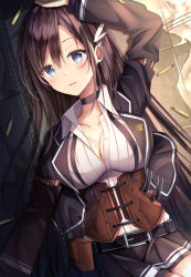 Rule 34 | 1girl, arm strap, arm up, belt, black hair, black jacket, black skirt, braid, breasts, cartridge, choker, cleavage, collarbone, collared shirt, cowboy shot, eyes visible through hair, hair between eyes, hair ornament, hand on own head, highres, jacket, long hair, long sleeves, lying, on back, open clothes, open jacket, original, parted lips, piercing, pleated skirt, pouch, shirt, shirt tucked in, skirt, solo, striped clothes, striped shirt, tile floor, tiles, tsukasa tsubasa, unbuttoned, unbuttoned shirt