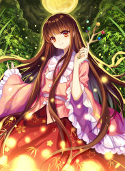 Rule 34 | 1girl, bamboo, bamboo forest, bare arms, branch, brown hair, cloud, forest, full moon, highres, holding, houraisan kaguya, japanese clothes, jeweled branch of hourai, kimono, light particles, long hair, long sleeves, mirror (xilu4), moon, nature, night, outdoors, pink kimono, red eyes, red skirt, skirt, solo, touhou, very long hair, wide sleeves
