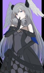 Rule 34 | 1girl, black dress, black gloves, blue eyes, breasts, commentary, curly hair, dress, elbow gloves, feathered wings, feathers, finger to own chin, gloves, grey hair, head tilt, head wings, highres, long hair, looking at viewer, melia antiqua, purple background, see-through, small breasts, solo, umotomochi, wings, xenoblade chronicles (series), xenoblade chronicles 1, xenoblade chronicles 3