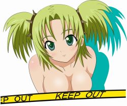 Rule 34 | 00s, 1girl, bad id, bad pixiv id, breasts, caution tape, censored, cleavage, droite (tales), green eyes, green hair, keep out, mametti, short hair, solo, tales of (series), tales of vesperia, topless