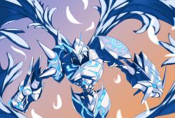 Rule 34 | angel wings, armor, blue background, digimon, digimon (creature), digimon adventure tri., feathers, gradient background, green eyes, horns, looking at viewer, multiple horns, no humans, omegamon, omegamon merciful mode, orange background, ryo@, solo, spikes, upper body, white feathers, wings