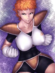 Rule 34 | 1girl, armor, breasts, dragon ball, dragonball z, fumio (rsqkr), genderswap, genderswap (mtf), gloves, large breasts, recoome, red hair, short hair, solo