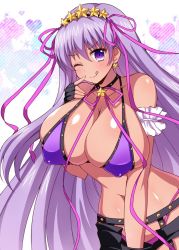 Rule 34 | 1girl, :q, afuro, arm garter, bare shoulders, bb (fate), bb (fate) (all), bb (swimsuit mooncancer) (fate), bikini, black gloves, blush, breasts, cleavage, collarbone, covered erect nipples, earrings, fate/grand order, fate (series), finger to mouth, fingerless gloves, garter belt, gloves, hairband, happy, huge breasts, jewelry, leaning forward, light blush, light purple hair, long hair, looking at viewer, navel, no bra, one eye closed, purple bikini, purple eyes, purple hair, purple ribbon, ribbon, sideboob, smile, solo, star (symbol), star earrings, studded garter belt, swimsuit, thong, tongue, tongue out, very long hair, wink