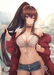Rule 34 | 1girl, ;), alternate costume, black choker, blurry, blurry background, bra, breasts, brown eyes, brown hair, choker, cleavage, coat, commentary request, cowboy shot, denim, denim shorts, front-tie bra, fur coat, hair between eyes, hand up, high ponytail, highleg, highleg panties, highres, kantai collection, kasumi (skchkko), large breasts, looking at viewer, navel, off shoulder, one eye closed, open clothes, open coat, outdoors, panties, panty peek, playing with own hair, ponytail, red fur, shorts, smile, solo, underwear, white bra, white panties, yamato (kancolle)
