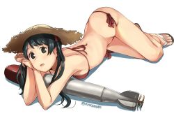 Rule 34 | 1girl, ass, bikini, black hair, breasts, brown eyes, butt crack, hat, kantai collection, long hair, looking at viewer, lying, makio (makiomeigenbot), mikuma (kancolle), on stomach, red bikini, sandals, side-tie bikini bottom, simple background, small breasts, solo, straw hat, sun hat, swimsuit, torpedo, twintails, twitter username, white background