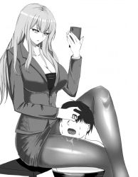 Rule 34 | 1boy, 1girl, bdsm, black pantyhose, breasts, business suit, cellphone, cleavage, closed mouth, collarbone, covered eyes, femdom, fingernails, formal, greyscale, head between knees, holding, holding head, holding phone, legs, long hair, looking down, medium breasts, monochrome, neri aisu, open mouth, original, pantyhose, phone, reverse ryona, sadism, saliva, short hair, sitting, skirt, smartphone, suit, sweat, teacher, thighs, white background