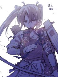 Rule 34 | 10s, 1girl, arrow (projectile), bandages, bandage on face, bow (weapon), flight deck, kantai collection, long hair, looking at viewer, mouth hold, muneate, myama, personification, skirt, solo, twintails, tying, weapon, zuikaku (kancolle)