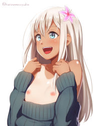 Rule 34 | 10s, 1girl, :d, blue eyes, blush, breasts, clothes pull, eyebrows, eyelashes, flat chest, flower, hair flower, hair ornament, kantai collection, kurowan, long hair, long sleeves, looking away, nipples, no bra, one-piece tan, open mouth, pink flower, ro-500 (kancolle), silver hair, simple background, small breasts, smile, solo, sweater, sweater pull, tan, tanline, twitter username, upper body, white background