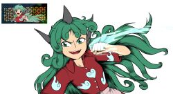 Rule 34 | 1girl, clenched hand, cloud print, collarbone, collared shirt, commentary, curly hair, english commentary, fangs, giantcavemushroom, green eyes, green hair, heart, highres, horns, kariyushi shirt, komainu, komano aunn, long hair, open mouth, red shirt, reference inset, shirt, single horn, solo, touhou, unfinished dream of all living ghost, upper body, v-shaped eyebrows