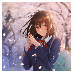 Rule 34 | 1girl, bag, blue jacket, branch, brown eyes, brown hair, cherry blossoms, collared shirt, commentary request, crying, crying with eyes open, dress shirt, falling petals, fingers together, hair between eyes, jacket, looking to the side, medium hair, original, petals, red neckwear, school bag, school uniform, shirt, shoukaki (earthean), smile, solo, standing, tears, tree, white shirt