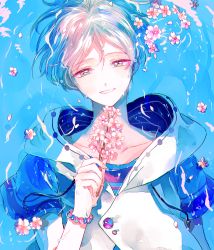 Rule 34 | 10s, 1boy, ahma, bracelet, buttons, cherry blossoms, collarbone, commentary request, ensemble stars!, floating, flower, green eyes, highres, holding, holding flower, hood, jewelry, layered clothes, male focus, partially submerged, petals, petals on liquid, smile, solo, tenshouin eichi