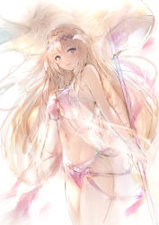 Rule 34 | 1girl, bare shoulders, bikini, blonde hair, blue eyes, breasts, flag, granblue fantasy, hairband, jeanne d&#039;arc (granblue fantasy), lala (0915 yu), long hair, looking at viewer, medium breasts, navel, parted lips, simple background, solo, standing, swimsuit, white background