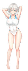 Rule 34 | 1girl, absurdres, arms behind head, arms up, barefoot, blue eyes, breasts, clothing cutout, collarbone, competition swimsuit, covered navel, gluteal fold, groin, hair between eyes, highres, large breasts, long hair, looking at viewer, one-piece swimsuit, original, pigeon-toed, ruffling hair, side cutout, sidelocks, simple background, smile, standing, swimsuit, tari (aegr3883), white hair, white one-piece swimsuit