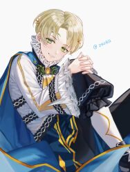 Rule 34 | 1boy, alfred (fire emblem), ascot, blonde hair, blue cape, cape, circlet, fire emblem, fire emblem engage, green eyes, highres, long sleeves, looking at viewer, male focus, nintendo, orange gemstone, prince, short hair, smile, solo, yellow ascot, zqzbq