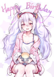 Rule 34 | 1girl, :d, animal ears, azur lane, blush, breasts, bucket, camisole, cleavage, collarbone, fake animal ears, glint, hair between eyes, happy birthday, headgear, holding, jacket, laffey (azur lane), light purple hair, long hair, long sleeves, looking at viewer, off shoulder, open clothes, open jacket, open mouth, pink jacket, pink skirt, rabbit ears, red eyes, single bare shoulder, sitting, skirt, small breasts, smile, solo, spaghetti strap, star (symbol), sunege (hp0715), thighhighs, tsurime, twintails, unzipped, very long hair, white thighhighs, wide sleeves, zipper