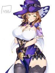 Rule 34 | 1girl, belt, black thighhighs, breasts, brown hair, cleavage, curvy, genshin impact, green eyes, hand on own face, hat, icoo, jewelry, large breasts, lisa (genshin impact), long hair, looking at viewer, necklace, solo, thick thighs, thighhighs, thighs, wide hips, witch hat