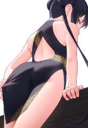 Rule 34 | 1girl, ass, back cutout, bare shoulders, black dress, black hair, blue archive, blue eyes, china dress, chinese clothes, clothing cutout, double bun, dragon print, dress, eyelashes, from below, hair bun, highres, hoshi usagi, kisaki (blue archive), long hair, looking at viewer, looking back, revision, side slit, simple background, sleeveless, sleeveless dress, solo, twintails, very long hair, white background