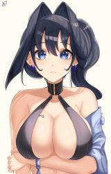 Rule 34 | 1girl, absurdres, alternate hairstyle, arm under breasts, bare shoulders, black hair, blue eyes, breasts, cleavage, collarbone, detached sleeves, earrings, frown, hair intakes, halterneck, highres, hololive, hololive english, jewelry, large breasts, looking at viewer, o22no, ouro kronii, sign, simple background, single bare shoulder, single sleeve, skindentation, solo, upper body, virtual youtuber, white background