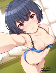 Rule 34 | 1girl, armpits, backless dress, backless outfit, black hair, blue bra, blue panties, blush, bra, bra pull, breasts, breasts out, closed mouth, clothes pull, collarbone, dress, hair bun, idolmaster, idolmaster shiny colors, leaning forward, looking at viewer, medium breasts, morino rinze, navel, nipples, outstretched arm, panties, red eyes, selfie, shelf, short hair, signature, single hair bun, smile, solo, underwear, underwear only, yukimasa (nkk145)
