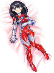 Rule 34 | 1girl, bed, black hair, blue eyes, blush, bodysuit, boots, breasts, color timer, company connection, cosplay, crossover, dakimakura (medium), gloves, grey bodysuit, grey gloves, gridman universe, hand on own stomach, highres, long hair, looking at viewer, lying, medium breasts, mother of ultra, mother of ultra (cosplay), oomasa teikoku, red bodysuit, red footwear, ssss.gridman, takarada rikka, ultra series, ultraman tarou (series)