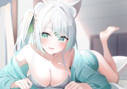 Rule 34 | ahoge, animal ear fluff, animal ears, aqua eyes, aqua sweater, barefoot, bed, bed sheet, blurry, blurry background, bra, breasts, cleavage, collarbone, commentary request, feet, grey bra, hair between eyes, hair ribbon, highres, hizuki miu, indie virtual youtuber, indoors, lace, lace-trimmed bra, lace trim, looking at viewer, lying, medium breasts, on stomach, open mouth, pillow, ribbon, sidelocks, smile, sweater, toes, touyou (39kir), underwear, virtual youtuber, white hair