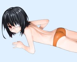 Rule 34 | 10s, 1girl, another, ass, back, bikini, bikini bottom only, black hair, blue background, child, expressionless, eyepatch, flat chest, looking at viewer, lying, misaki mei, on stomach, orange panties, panties, red eyes, short hair, simple background, solo, swimsuit, topless, underwear, yaya hinata