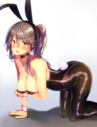Rule 34 | 1girl, alternate costume, alternate hairstyle, animal ears, arm under breasts, ass, bare shoulders, black hair, black leotard, black pantyhose, blush, bow, bowtie, breasts, brown eyes, choker, cleavage, collarbone, detached collar, fake animal ears, fishnet pantyhose, fishnets, flying sweatdrops, folded ponytail, full body, hair between eyes, hair ornament, hairband, hairclip, haruna (kancolle), highres, kantai collection, large breasts, left-handed, leotard, long hair, looking at viewer, open mouth, pantyhose, playboy bunny, ponytail, rabbit ears, rabbit tail, shiny clothes, sidelocks, solo, strapless, strapless leotard, tail, tsukui kachou, wrist cuffs