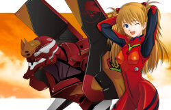 Rule 34 | 1girl, ;d, absurdres, arms behind back, blue eyes, bodysuit, breasts, commentary request, curvy, eva 02, evangelion (mecha), extra eyes, green eyes, highres, interface headset, long hair, looking at viewer, mecha, neon genesis evangelion, nerv, one eye closed, open mouth, orange hair, pilot suit, plugsuit, rebuild of evangelion, red bodysuit, robot, science fiction, small breasts, smile, solo, souryuu asuka langley, takeda eka, two side up, wide hips