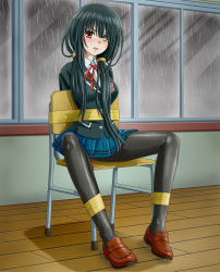 Rule 34 | 1girl, angry, arms behind back, bdsm, black hair, black jacket, black pantyhose, blue skirt, blush, bondage, bound, breast pocket, breasts, brown footwear, buttons, chair, clock eyes, collared shirt, commission, date a live, female focus, full body, hair tie, heterochromia, highres, indoors, jacket, long hair, long sleeves, looking at viewer, medium breasts, miniskirt, neck ribbon, nose blush, on chair, open mouth, pantyhose, pixiv commission, pleated skirt, pocket, rain, red eyes, red ribbon, ribbon, school chair, school uniform, shiny clothes, shirt, shoes, sidelocks, sitting, skirt, solo, symbol-shaped pupils, tape, tied to chair, tokisaki kurumi, v-shaped eyebrows, verdun (berudan), white shirt, window, wooden floor, yellow eyes