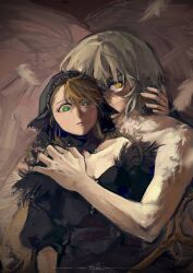 Rule 34 | 2girls, black dress, blonde hair, bright pupils, chinese commentary, commentary request, dress, dungeon meshi, ear covers, elf, falin touden, falin touden (chimera), feathers, green eyes, grey hair, hand on another&#039;s neck, hand on another&#039;s shoulder, headdress, highres, long hair, looking at viewer, marcille donato, multiple girls, off-shoulder dress, off shoulder, parted lips, pointy ears, short hair, size difference, upper body, white pupils, yanlingjinshilihuahua, yellow eyes