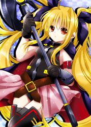 Rule 34 | 1girl, ahoge, aimai (artist), arm strap, armor, asymmetric gloves, asymmetrical gloves, bardiche (bullova form) (nanoha), bardiche (nanoha), belt, belt skirt, black gloves, black thighhighs, blonde hair, breasts, buckle, cape, checkered background, cowboy shot, dutch angle, fate testarossa, fate testarossa (lightning form) (2nd), floating hair, gloves, hair ribbon, halberd, halterneck, holding, holding weapon, leotard, long hair, looking at viewer, lyrical nanoha, magical girl, mahou shoujo lyrical nanoha, mahou shoujo lyrical nanoha a&#039;s, mahou shoujo lyrical nanoha the movie 2nd a&#039;s, manabu, miniskirt, parted lips, pleated skirt, polearm, red eyes, ribbon, shadow, showgirl skirt, sidelocks, skirt, small breasts, solo, thighhighs, turtleneck, twintails, uneven gloves, vambraces, very long hair, weapon, zettai ryouiki