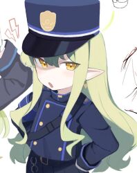 Rule 34 | 1girl, black hat, black shirt, black skirt, blue archive, blush, green hair, green halo, halo, hat, hikari (blue archive), long hair, long sleeves, looking at viewer, open mouth, peaked cap, pleated skirt, pointy ears, rotroto, shirt, sidelocks, simple background, skirt, solo, white background, yellow eyes