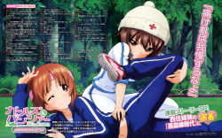 Rule 34 | 10s, 2girls, absurdres, assisted stretching, beanie, brown hair, exercising, girls und panzer, hat, highres, midriff, multiple girls, navel, nishizumi maho, nishizumi miho, official art, one eye closed, shoes, short hair, siblings, sisters, sneakers, stretching, track suit, translation request, wink