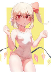 Rule 34 | 1girl, absurdres, alternate costume, blonde hair, blush, bow, breasts, commentary request, cowboy shot, crystal, flandre scarlet, hair between eyes, hair bow, highres, looking at viewer, low wings, medium bangs, one side up, open mouth, orange eyes, pointy ears, red bow, short hair, simple background, slit pupils, small breasts, solo, sotatsudraw, touhou, white background, white swimsuit, wings, yellow background